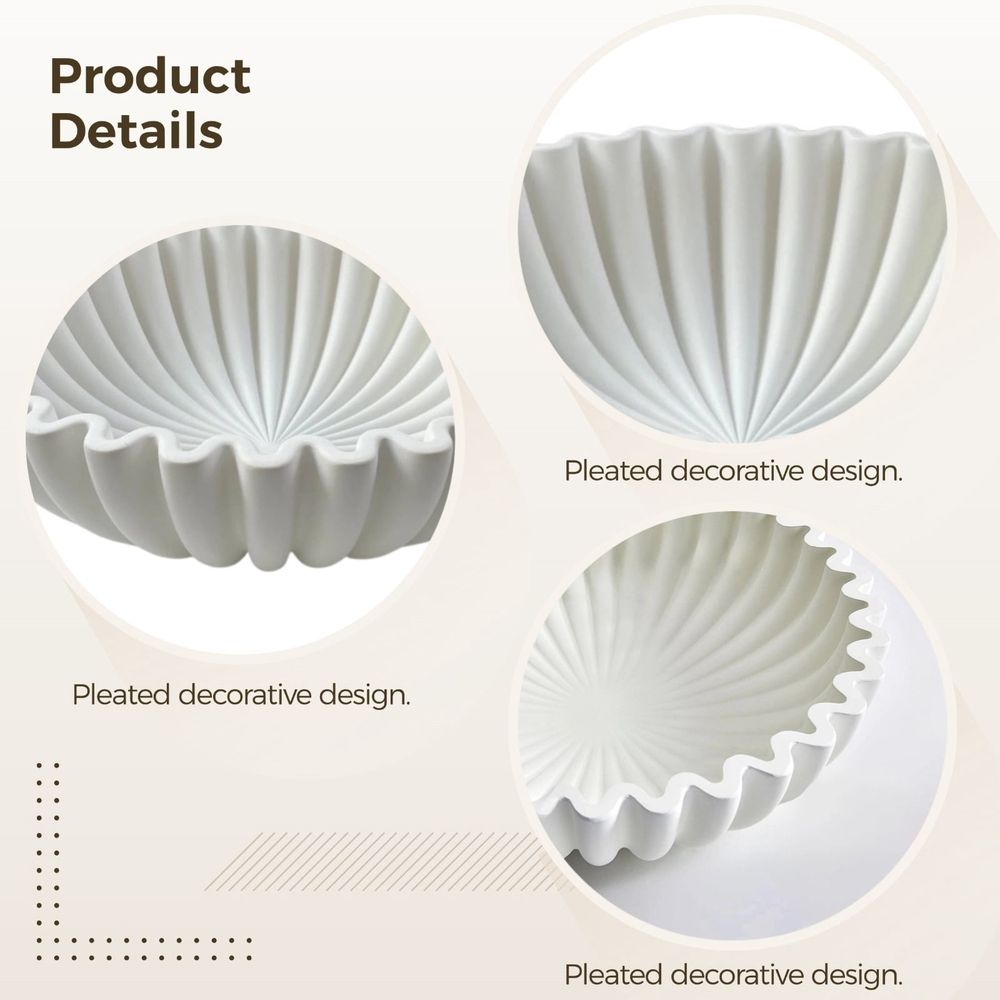 Ruffle Decorative Bowl Large, Resin Sculpture with Flowing Ruffle Design, Marble Texture, White Finish, Perfect for Modern Home Decor and Centerpieces