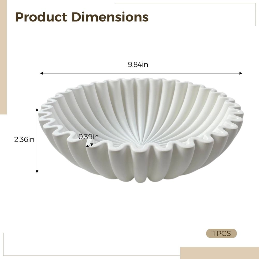 Ruffle Decorative Bowl Large, Resin Sculpture with Flowing Ruffle Design, Marble Texture, White Finish, Perfect for Modern Home Decor and Centerpieces