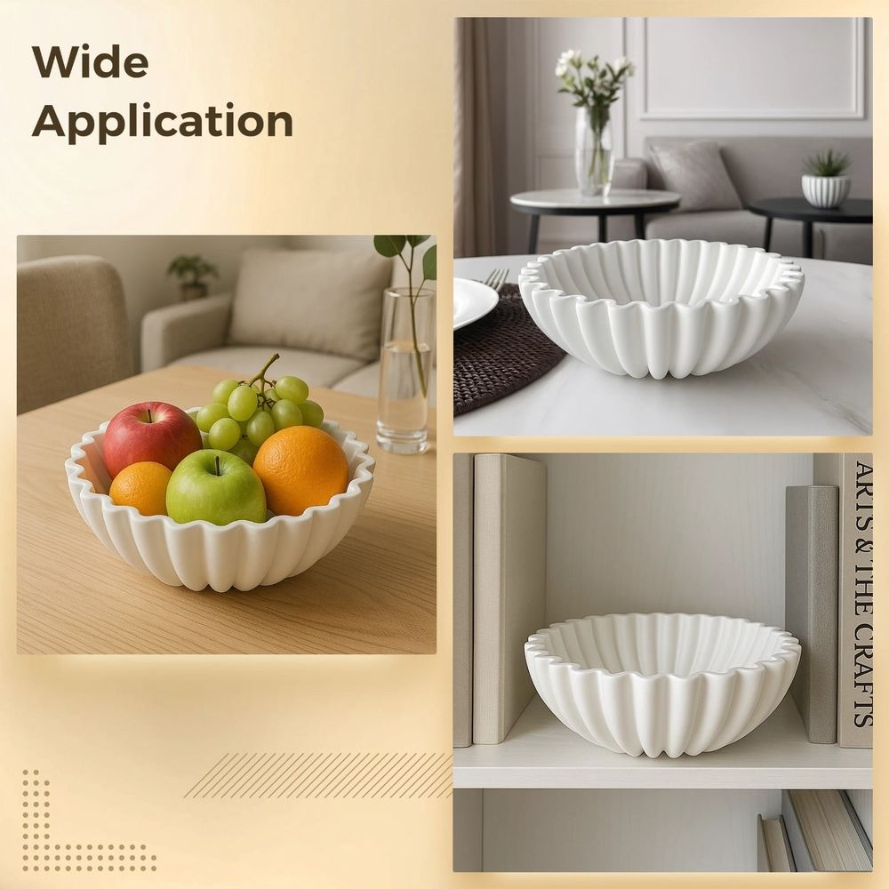 Ruffle Decorative Bowl Large, Resin Sculpture with Flowing Ruffle Design, Marble Texture, White Finish, Perfect for Modern Home Decor and Centerpieces