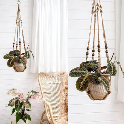 Indoor Jute Hanging Planter Basket With Wood Beads Decorative Flower Pot Holder No Tassels For Indoor Outdoor Boho Home Decor 35 Inch Brown