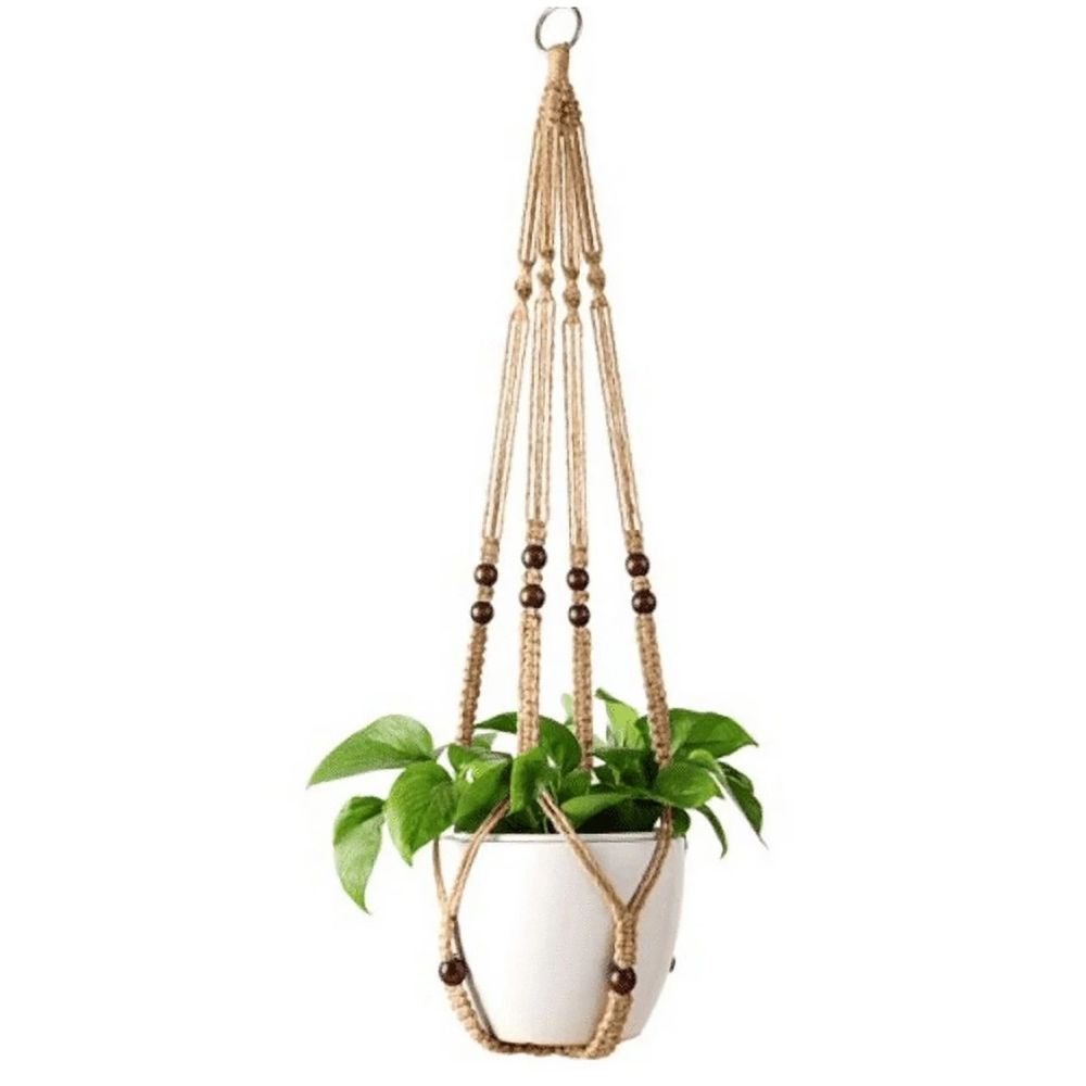 Indoor Jute Hanging Planter Basket With Wood Beads Decorative Flower Pot Holder No Tassels For Indoor Outdoor Boho Home Decor 35 Inch Brown