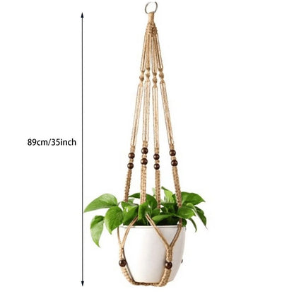 Indoor Jute Hanging Planter Basket With Wood Beads Decorative Flower Pot Holder No Tassels For Indoor Outdoor Boho Home Decor 35 Inch Brown