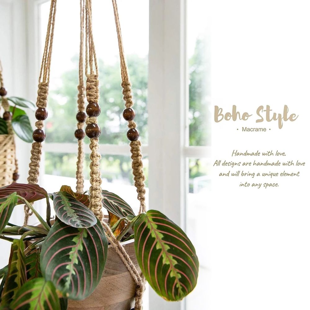 Indoor Jute Hanging Planter Basket With Wood Beads Decorative Flower Pot Holder No Tassels For Indoor Outdoor Boho Home Decor 35 Inch Brown