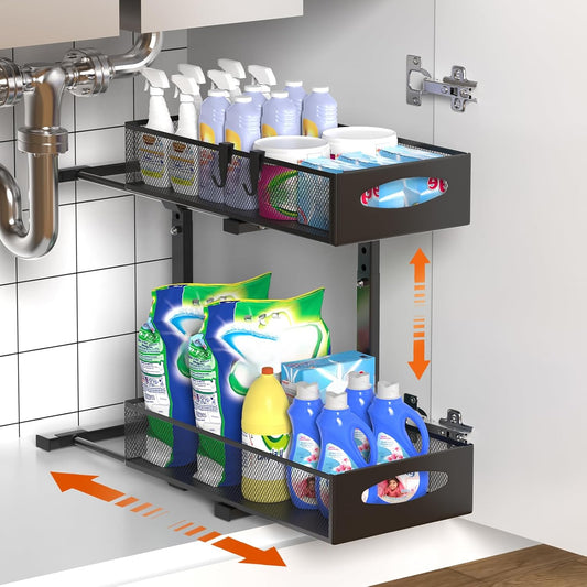 CARLA HOME 2 Tier Under Sink Organizer Pull Out Sliding Cabinet Storage Shelf with Height Adjustable for Kitchen, Bathroom or Laundry Room (Black)