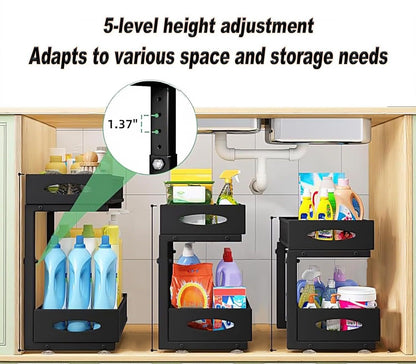 CARLA HOME 2 Tier Under Sink Organizer Pull Out Sliding Cabinet Storage Shelf with Height Adjustable for Kitchen, Bathroom or Laundry Room (Black)