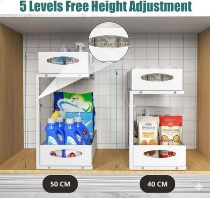 CARLA HOME 2 Tier Under Sink Organizer Pull Out Sliding Cabinet Storage Shelf with Height Adjustable for Kitchen, Bathroom or Laundry Room (White)