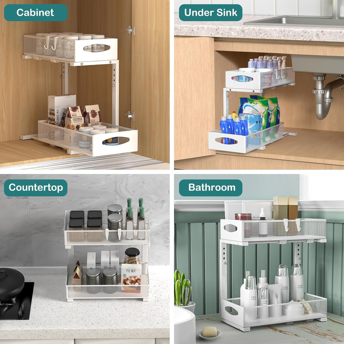 CARLA HOME 2 Pack Under Sink Organizer Pull Out Sliding Cabinet Storage Shelf with Height Adjustable for Kitchen, Bathroom or Laundry Room (White)
