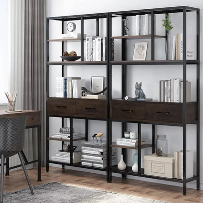 Metal Bookcase With Drawers, Dark Walnut & Black, 90x30x180cm, 6 Shelves