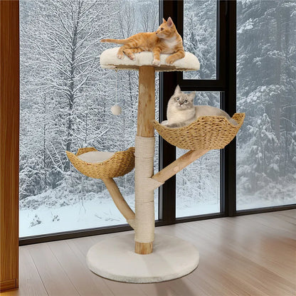 Real Wood Cat Tree Tower in Natural Wood for Indoor Cats Up to 10KG, 60x111cm