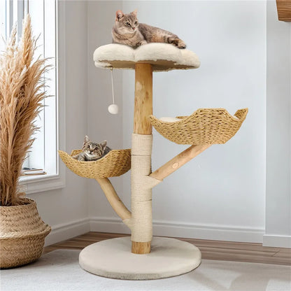 Extra Large Black Cat Tree Tower with Real Wood and Wicker Basket, 60x111cm