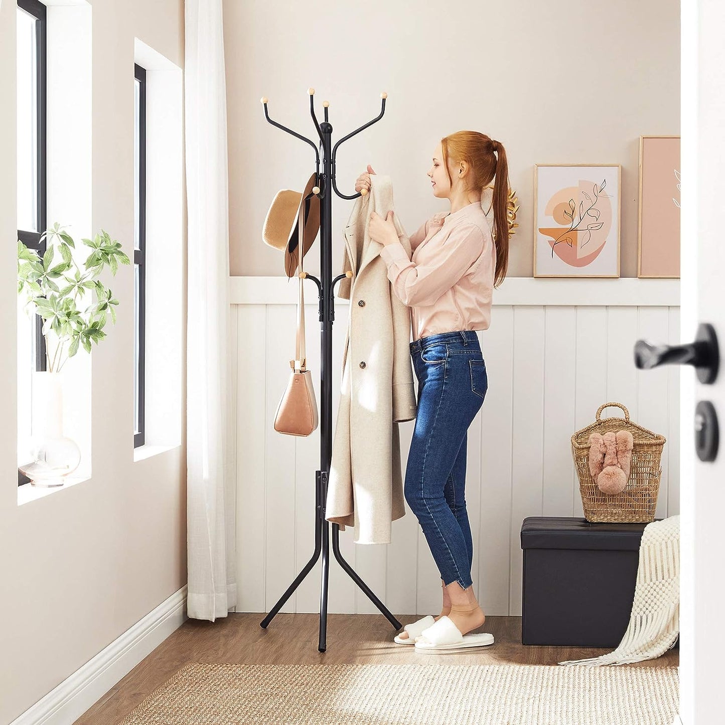 Metal Coat Rack Stand Hat Hanger, Black, 182cm