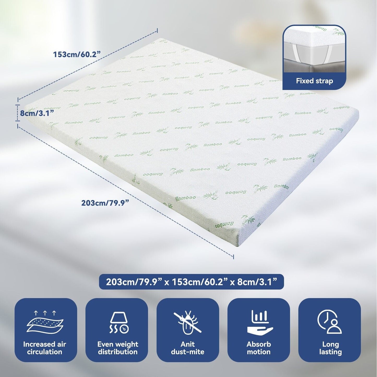 Queen Memory Foam Mattress Topper 7-Zone Bamboo Cover Breathable