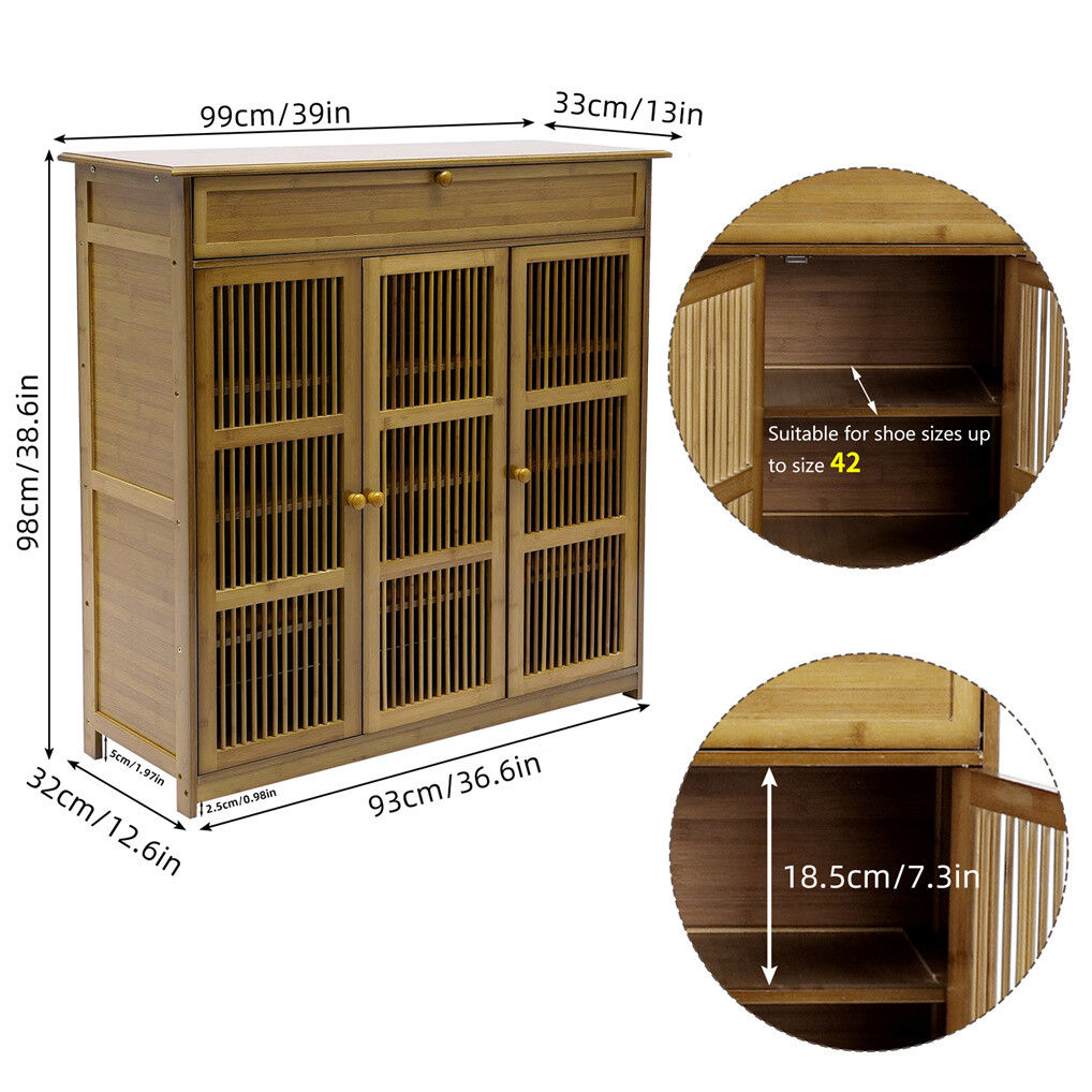 Wooden Shoe Rack XL 4 Tier 3 Doors Drawers Shelves Cabinet Organizer