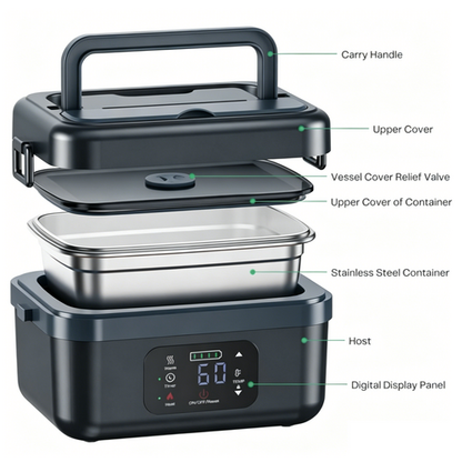 Portable 1L Cordless Electric Heated Lunch Box 16000mAh 60W 304 Stainless Steel Black& Gray