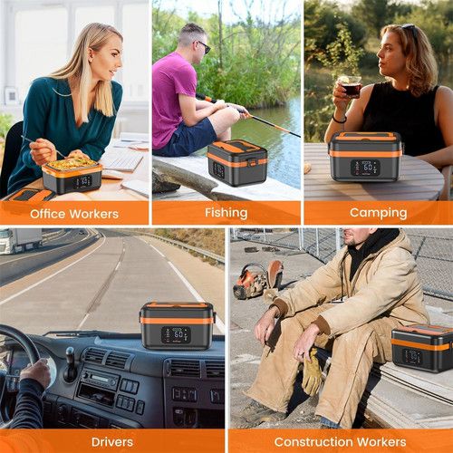 Portable 1L Cordless Electric Heated Lunch Box 16000mAh 60W 304 Stainless Steel Black& orange