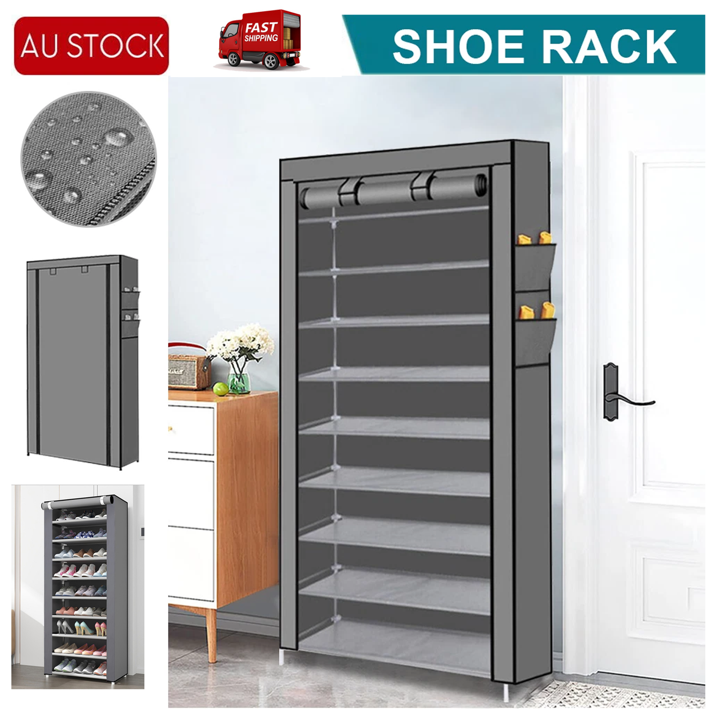 9 Tier Shoe Rack Portable Storage Cabinet Organiser Portable Wardrobe W/ Cover Gray