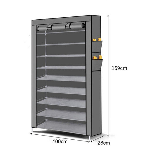 9 Tier Shoe Rack Portable Storage Cabinet Organiser Portable Wardrobe W/ Cover Gray