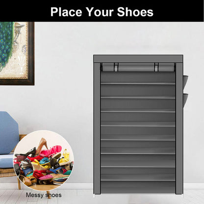 9 Tier Shoe Rack Portable Storage Cabinet Organiser Portable Wardrobe W/ Cover Gray