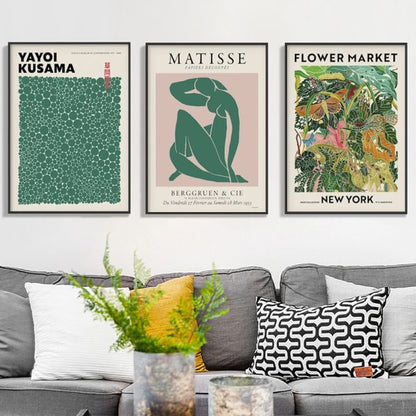 Wall Art 60cmx90cm Flower Market, Matisse Print, Yayoi Kusama 3 Sets Black Frame Canvas