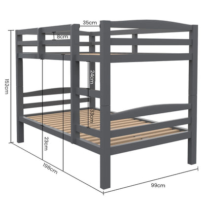 KINGSTON SLUMBER Single Bunk Bed Frame, Solid Pine 2-in-1 Modular Design, Converts to 2 Single Beds, For Kids, Grey