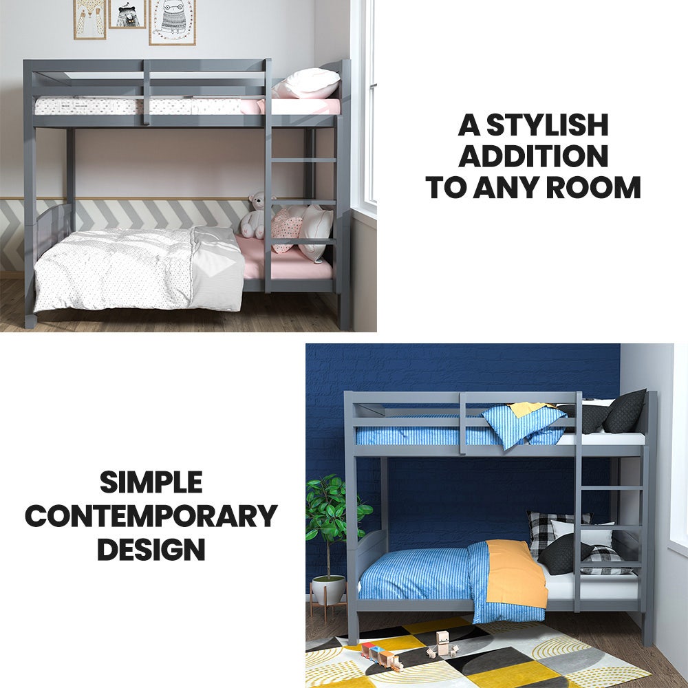 KINGSTON SLUMBER Single Bunk Bed Frame, Solid Pine 2-in-1 Modular Design Convert to 2 Single Beds, Grey