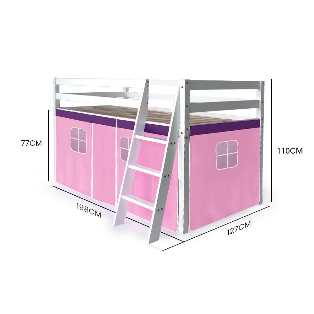 Kingston Slumber Wooden Kids Single Loft Bed Frame - Hiding Space Underneath with Interchangeable Pink and Blue Curtains
