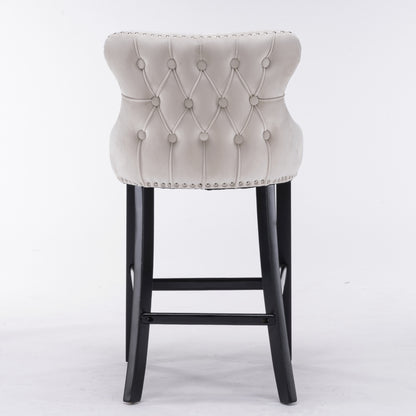 2x Velvet Upholstered Button Tufted Bar Stools with Wood Legs and Studs-Beige