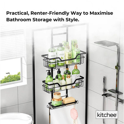 Kitchee 3 Tier Shower Caddy Over Door Bathroom Shelf Storage Rack Black