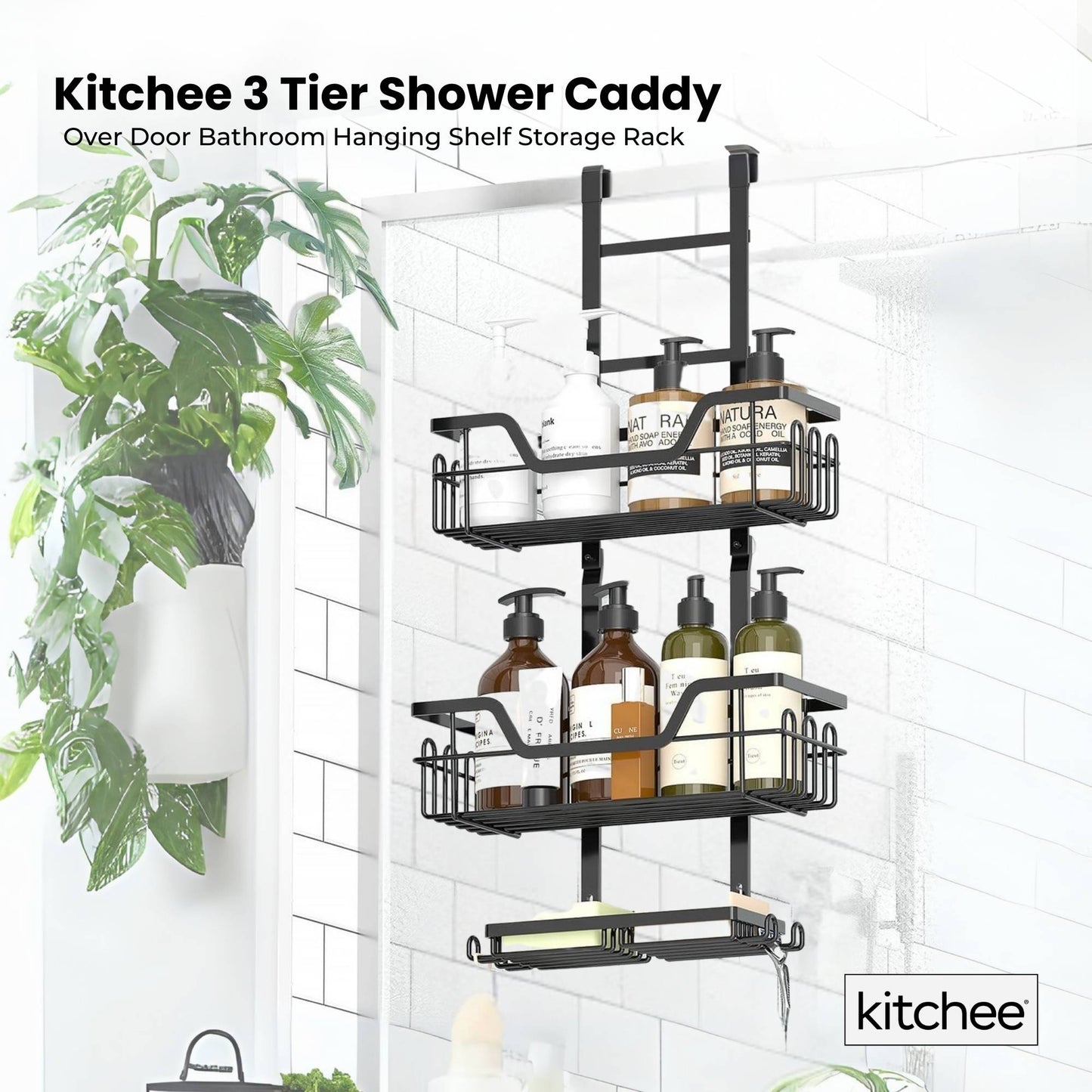 Kitchee 3 Tier Shower Caddy Over Door Bathroom Hanging Shelf Storage Rack Black