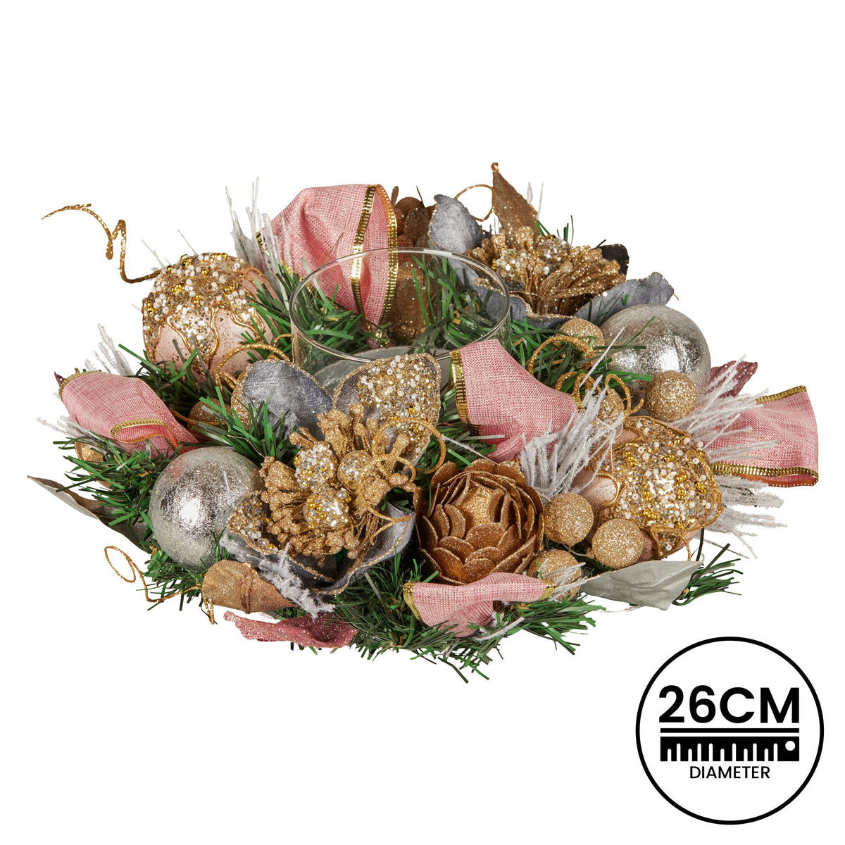 Christabelle 26cm Christmas Centrepiece Lush Green Holiday w/Jewelled Baubles, Foliage, Flowers, Pine Cones, Ribbon