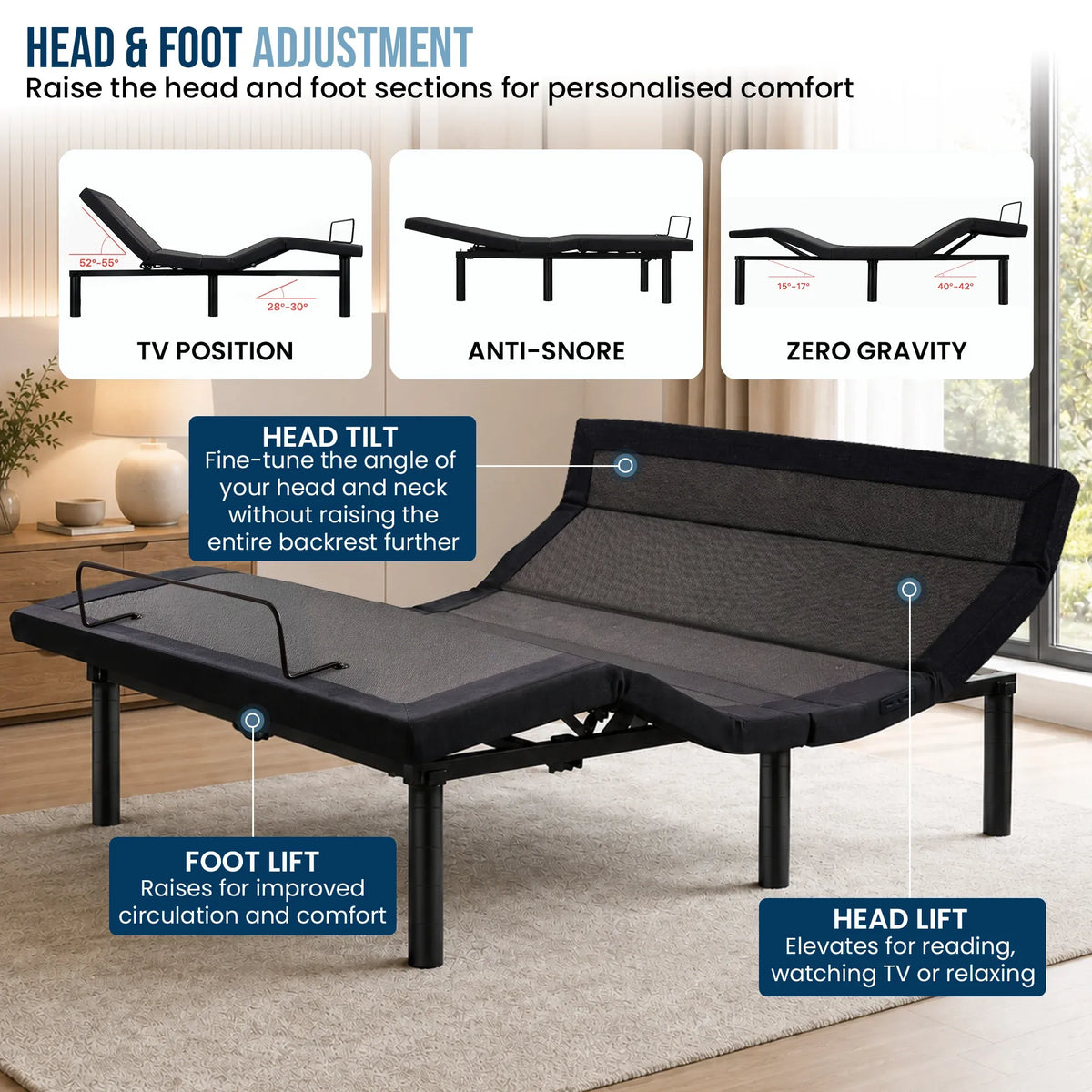 Therapedic Kinetic Advance Adjustable Queen Bed Base with Head Tilt