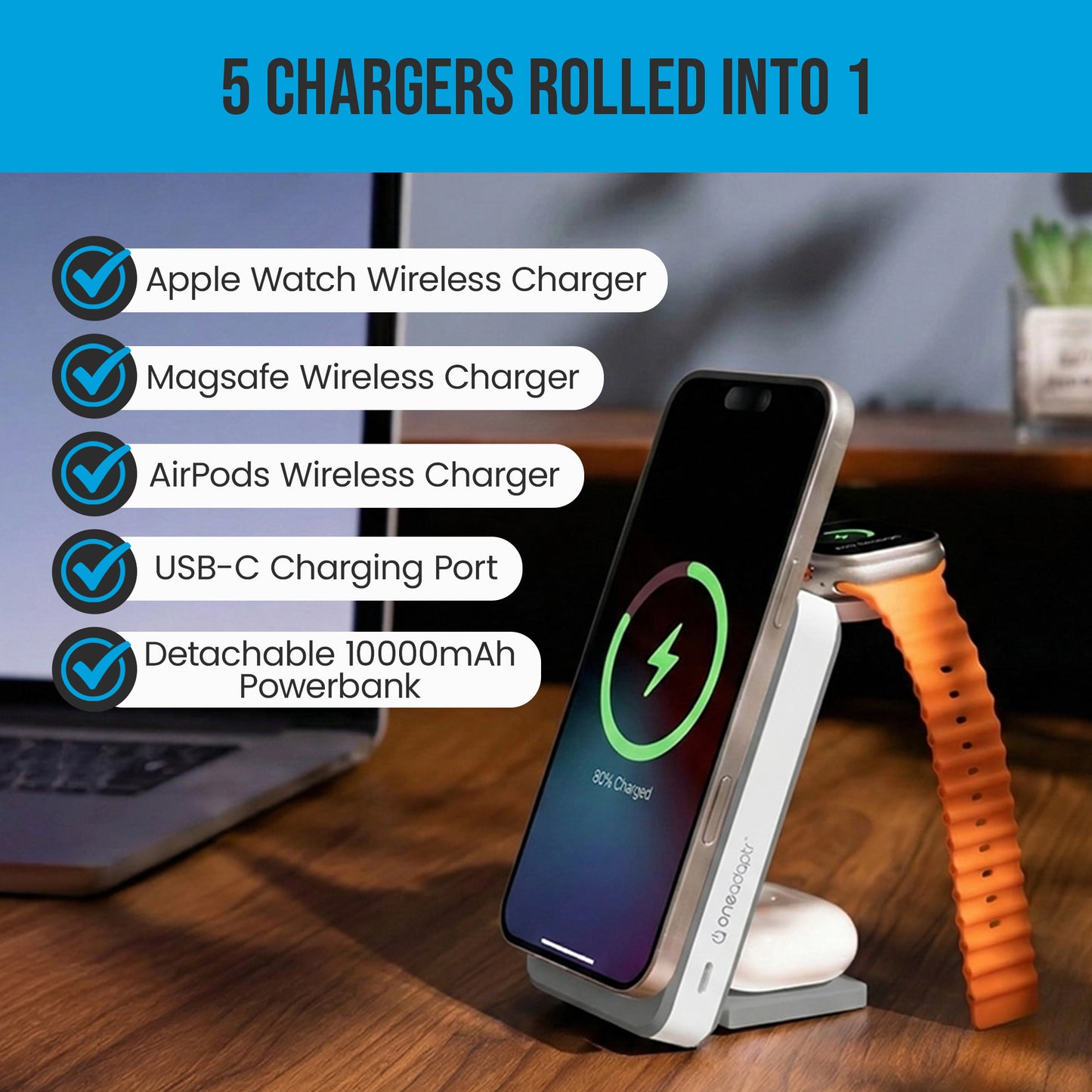 OneAdaptr OneGo Grey 5 in 1 MagSafe Charging Stand Power Bank