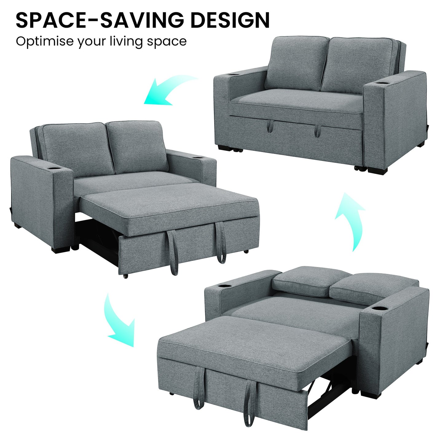 Sarantino Hoffman Linen Sofa Bed with Cushions & Cup Holders Airforce Blue