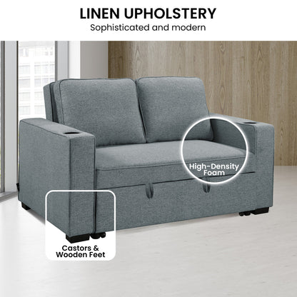 Sarantino Hoffman Linen Sofa Bed with Cushions & Cup Holders Airforce Blue