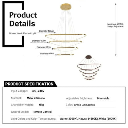 BAMDECOR AD2583 Modern Triangular LED Chandelier (Four Rings-Gold