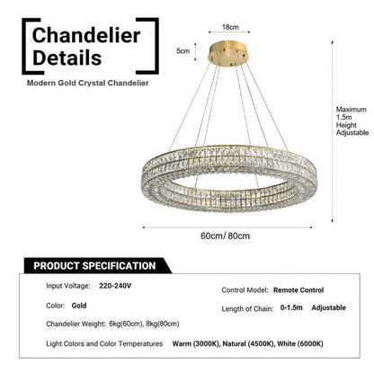 BAMDECOR C3332/1  Round Luxury Crystal Chandelier Modern LED Crystal Chandelier LED Ring Pendant Light Stainless Steel Ceiling Lamp Hanging Lights,for Dining Living Room (Gold)