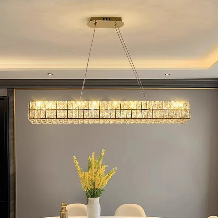 BAMDECOR C3332/L Linear Luxury Crystal Chandelier Modern LED Crystal Chandelier LED Ring Pendant Light Stainless Steel Ceiling Lamp Hanging Lights,for Dining Living Room (Gold)