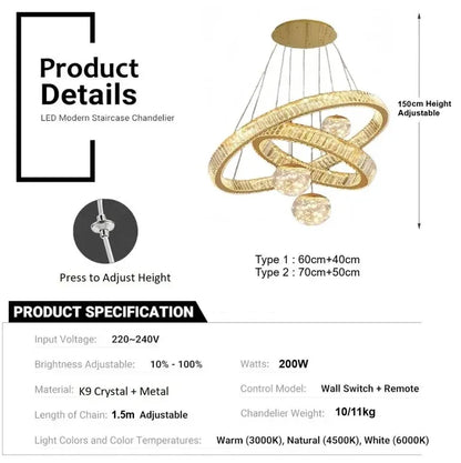 BAMDECOR C3335 Large Swirl Modern Crystal Ring Chandeliers Contemporary Round Chandelier Crystal Pendant Light(Gold-Two Rings)