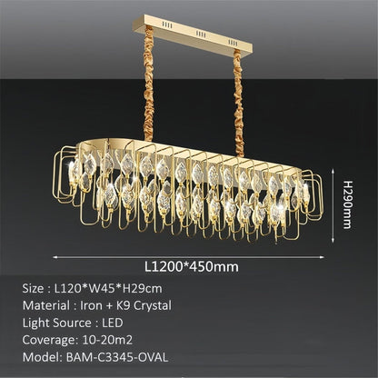 BAMDECOR C3345/OVAL1.2 Modern French Home Decor Luxury Crystal-leaf Chandelier LED Fashion Creativity Pendant Ceiling Lights(120cm-Gold)