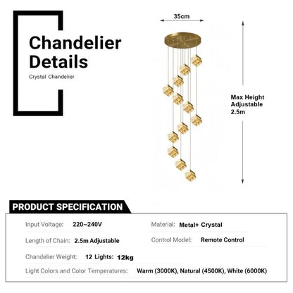 BAMDECOR LT02 12 Hanging Crystal Cube Chandelier LED Chandelier for Dining Room, Luxury Dimmable Enterway Led Pendant Lights Fixture (Gold)