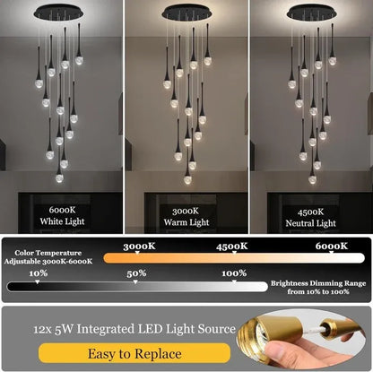 BAMDECOR LT08 12-Heads Solid Crystal Teardrop Chandelier High Ceiling Foyers Entrance Chandeliers Staircase Long Pendant Light (Black)
