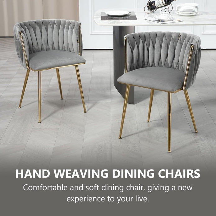 SERENITà Grey Modern Hand Weaving Dining Chairs,Velvet Upholstered Side Chairs with Gold Legs, Chic Vanity Chairs with Armrest, Accent Chair for Dining Room, and Cafe Set of 2