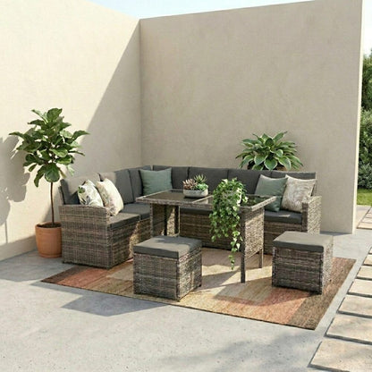 Ella 8-Seater Modular Outdoor Garden Lounge and Dining Set with Table and Stools in Dark Grey Weave