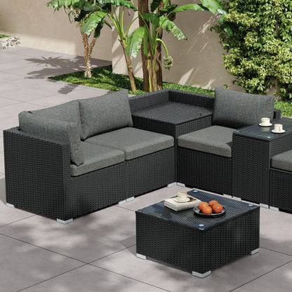 7PC Outdoor Wicker Loveseat Setting with Storage Corner (Black)