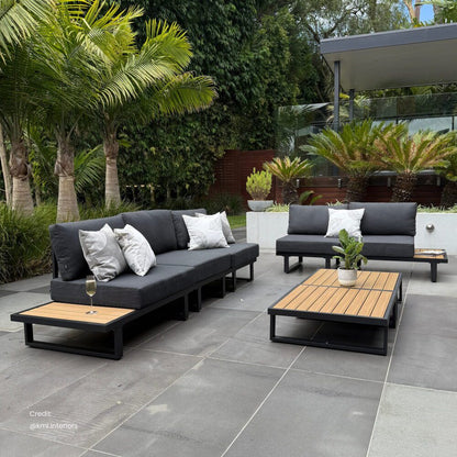 Modern Outdoor 7 Piece Lounge Set with Slatted Polywood Design Tables