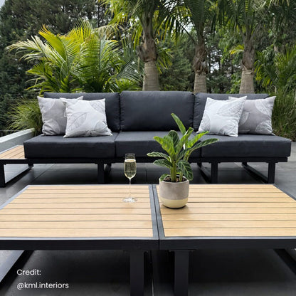 Modern Outdoor 7 Piece Lounge Set with Slatted Polywood Design Tables