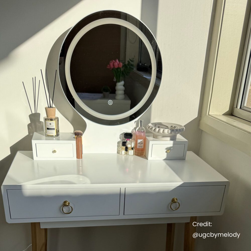 Dressing Vanity Table Stool Set with Make-up LED Lighted Mirror-White