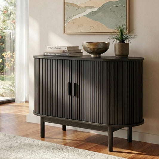 Mid-Century Black Ribbed Sideboard Cabinet