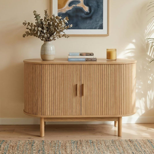Natural Wood Ribbed Sideboard Cabinet