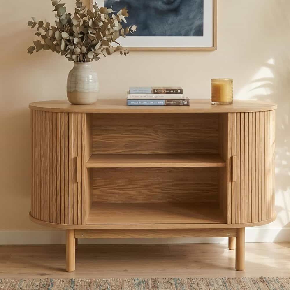 Natural Wood Ribbed Sideboard Cabinet